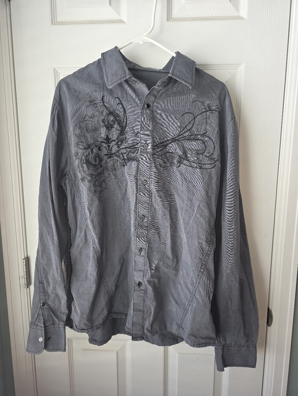 Mens Affliction Style Long Sleeve Collared Button-up Shirt SZL 2-sided Graphic